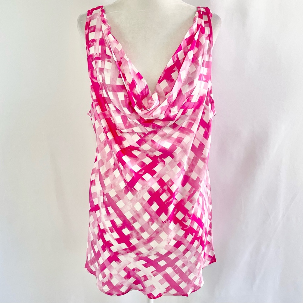 New Chloe Kristyn Gingham Satin Double Strap Cowl Neck Tank Top Pink Size Large - Picture 2 of 16